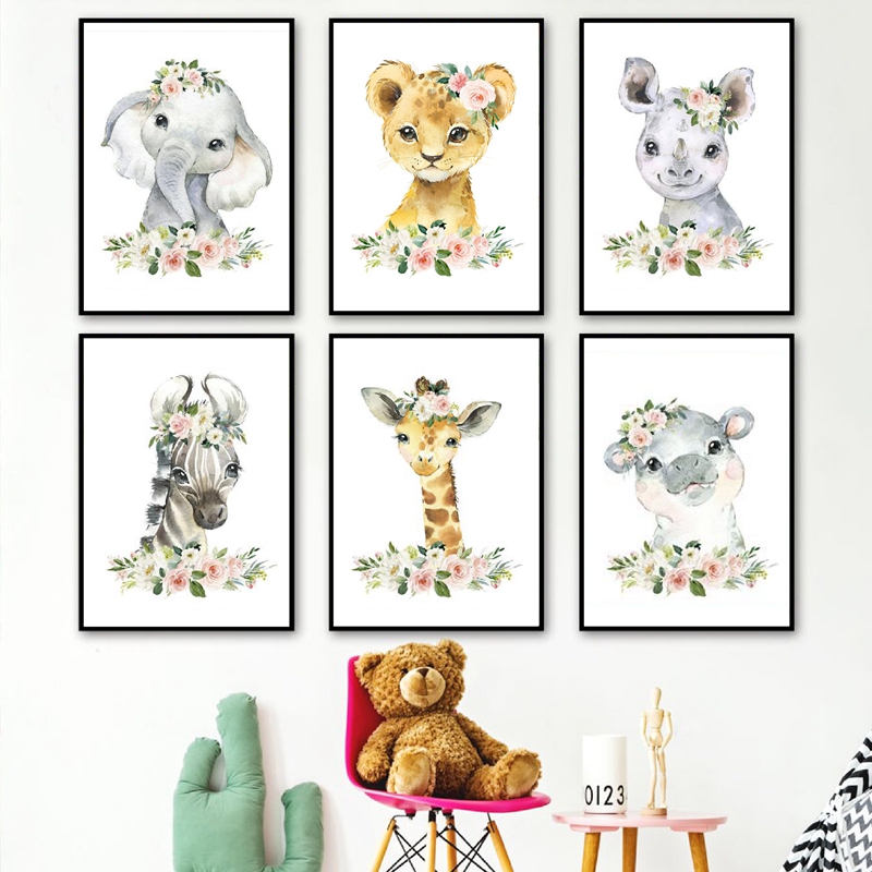 Baby Nursery Jungle Animals - Bloemen Jungle Dieren Canvas Prints Kinderkamer