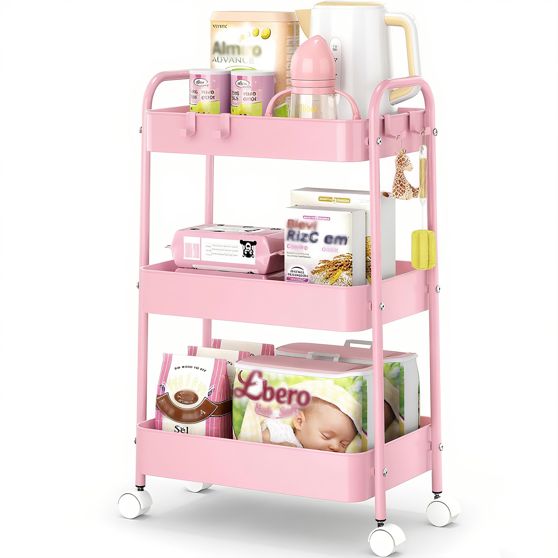 Baby Nursery Organizer - 3-laags metalen rolwagen met wielen, moderne