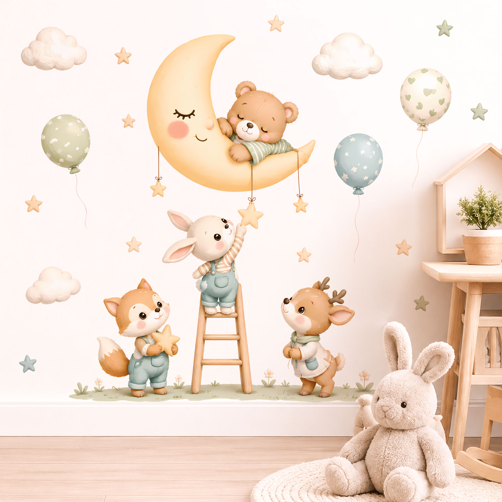 Baby Nursery Wallpaper - Wandstickers met bosdieren, verwijderbare aquarel sterwolk