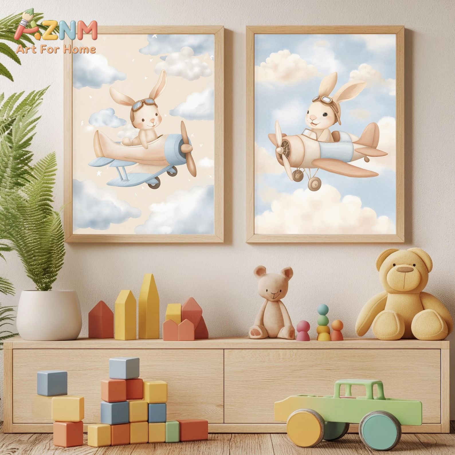 Baby Nursery Animal Theme - Bunny Airplane Wall Art Set van