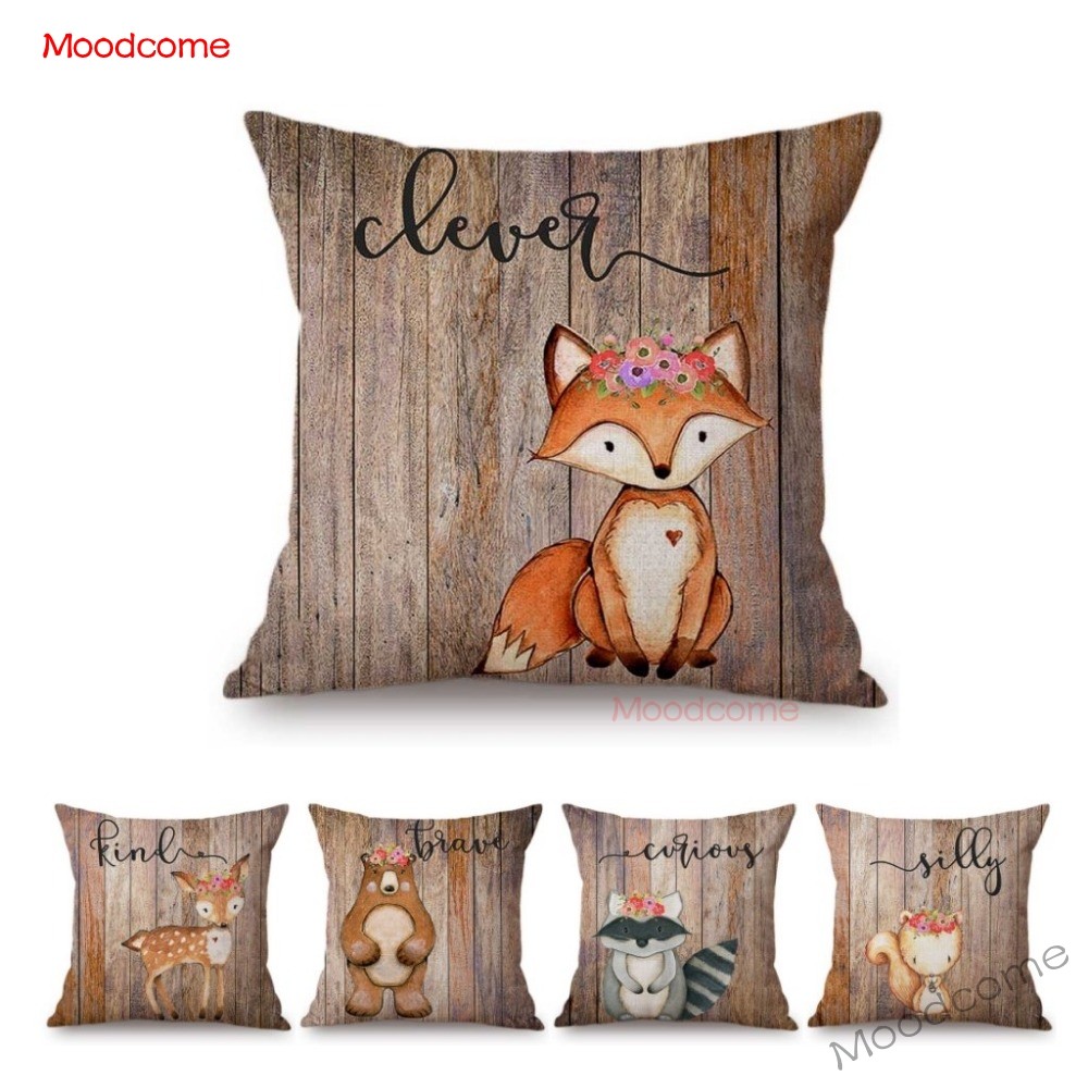 Baby Nursery Cushion - Schattige bosdieren houtstructuur babykamer kunst bank