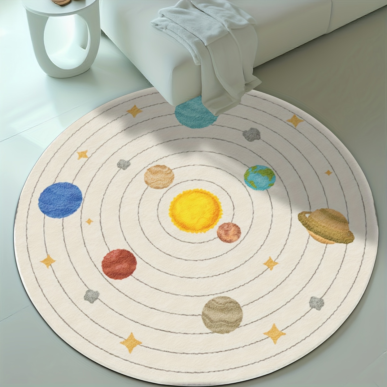 Baby Nursery Cushion - Schattig rond kinderkamerkleed met zonnestelselplaneten, zacht