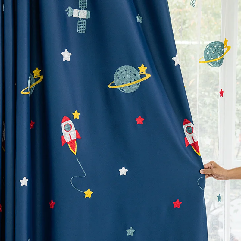 Blackout Curtain Nursery - Marineblauwe Cartoon Rocket Ruimteschip Verduisteringsgordijnen voor
