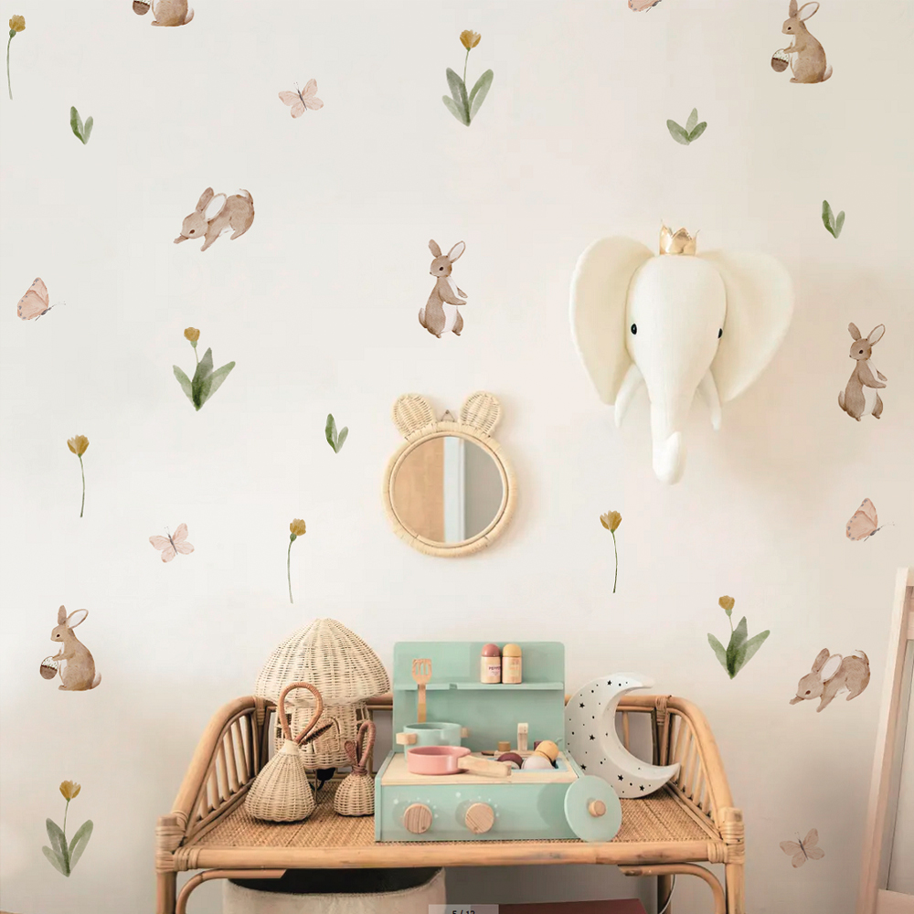 Baby Nursery Wallpaper - Zomer aquarel schattige konijntjes en bloemen